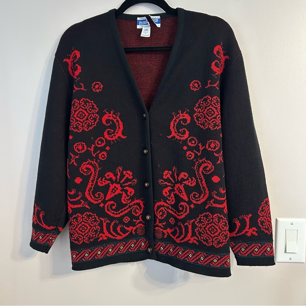 Pendleton Vintage Womens Sm 100% virgin wool red & black floral cardigan 50s/60s